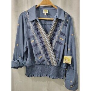 fig and flower Blue  Embroidered Smocked Waist Blouse Size XL